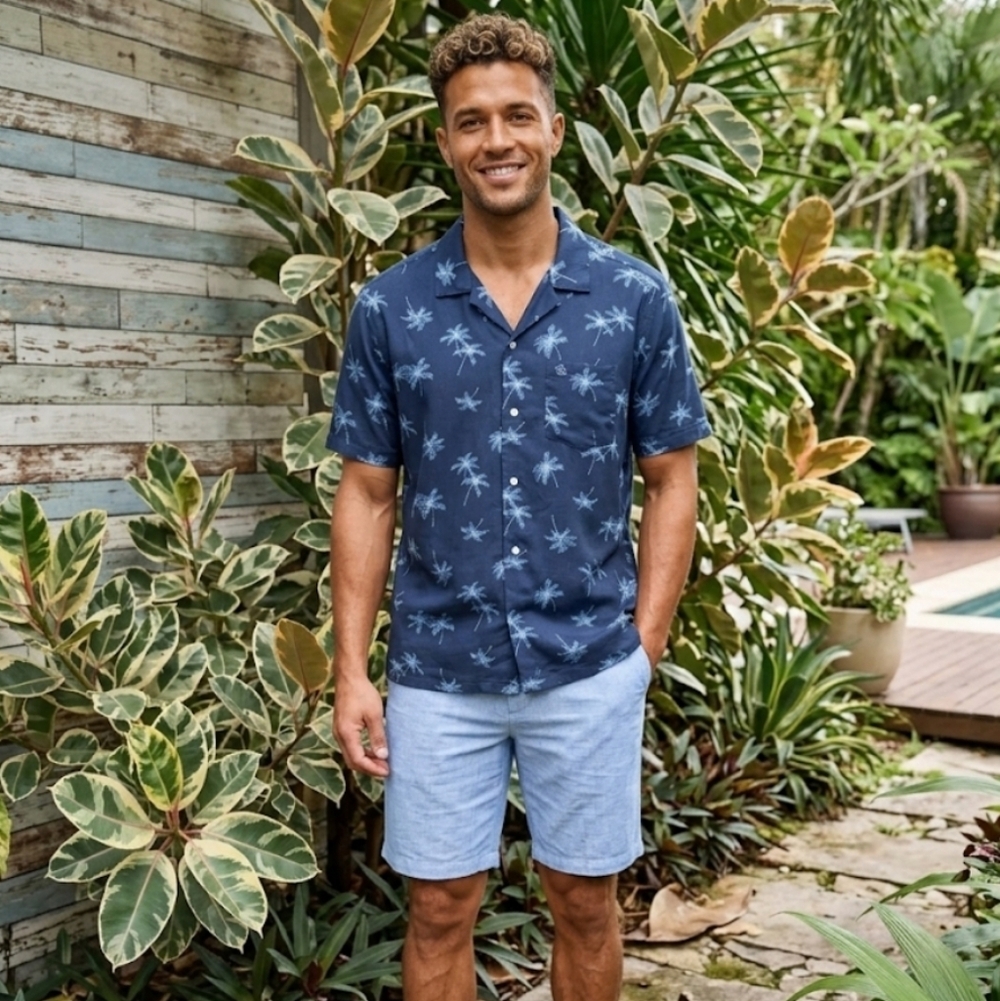Penguin Navy Palm-Print Short-Sleeve Button-Down Shirt Sz Med